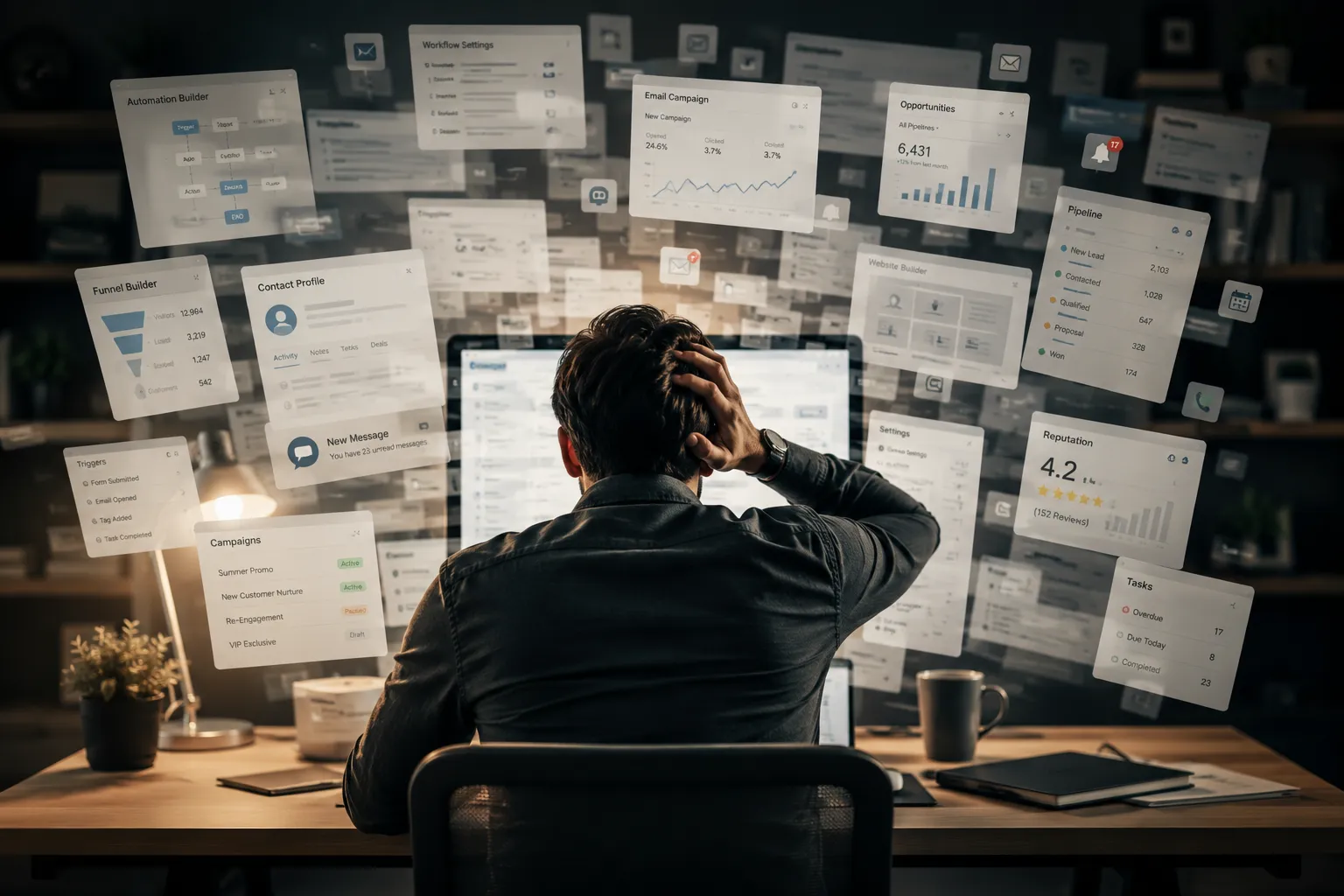 An overwhelmed small-business owner facing a confusing, feature-heavy CRM dashboard